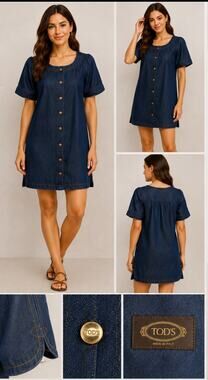 TOD’S Denim Dress Womens Size 40 Blue Button Front Made In Italy Designer